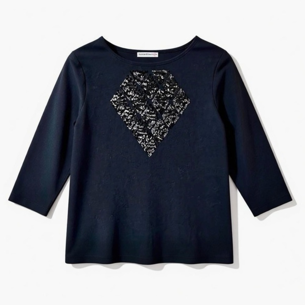 4/$20 Isaac Mizrahi Live Black Sequin Diamond Knit Top Small - Picture 2 of 5
